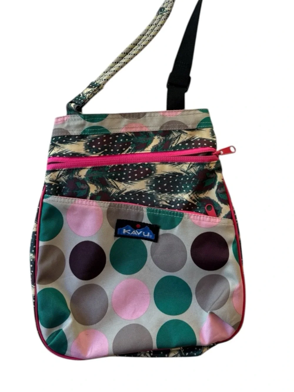 Kavu Polka Dot Crossbody Bag in Pink, Teal, Brown and Gray